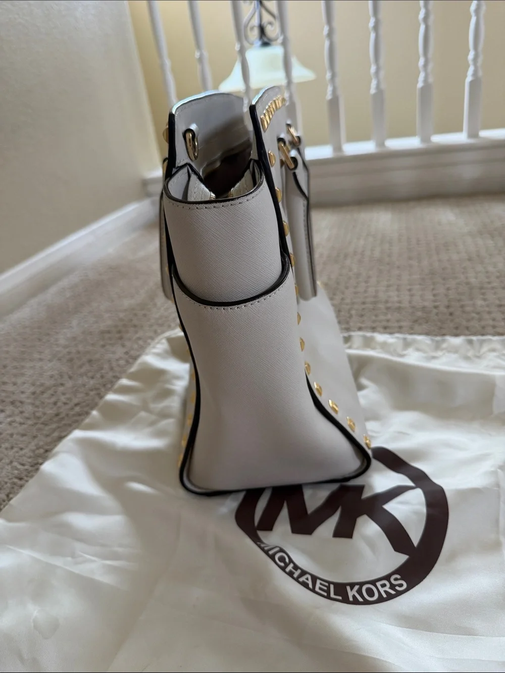 Michael Kors Gold-Studded Saffiano Tote in Light Cream